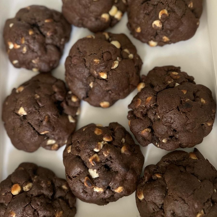 Black and White cookies, chocolate base with white chocolate chips